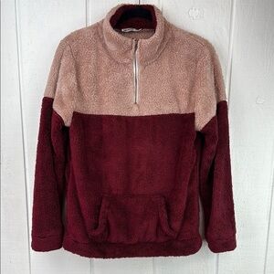 Doublju Women's Two-Tone Women's XS Pink and Maroon Half Zip Sherpa Pullover